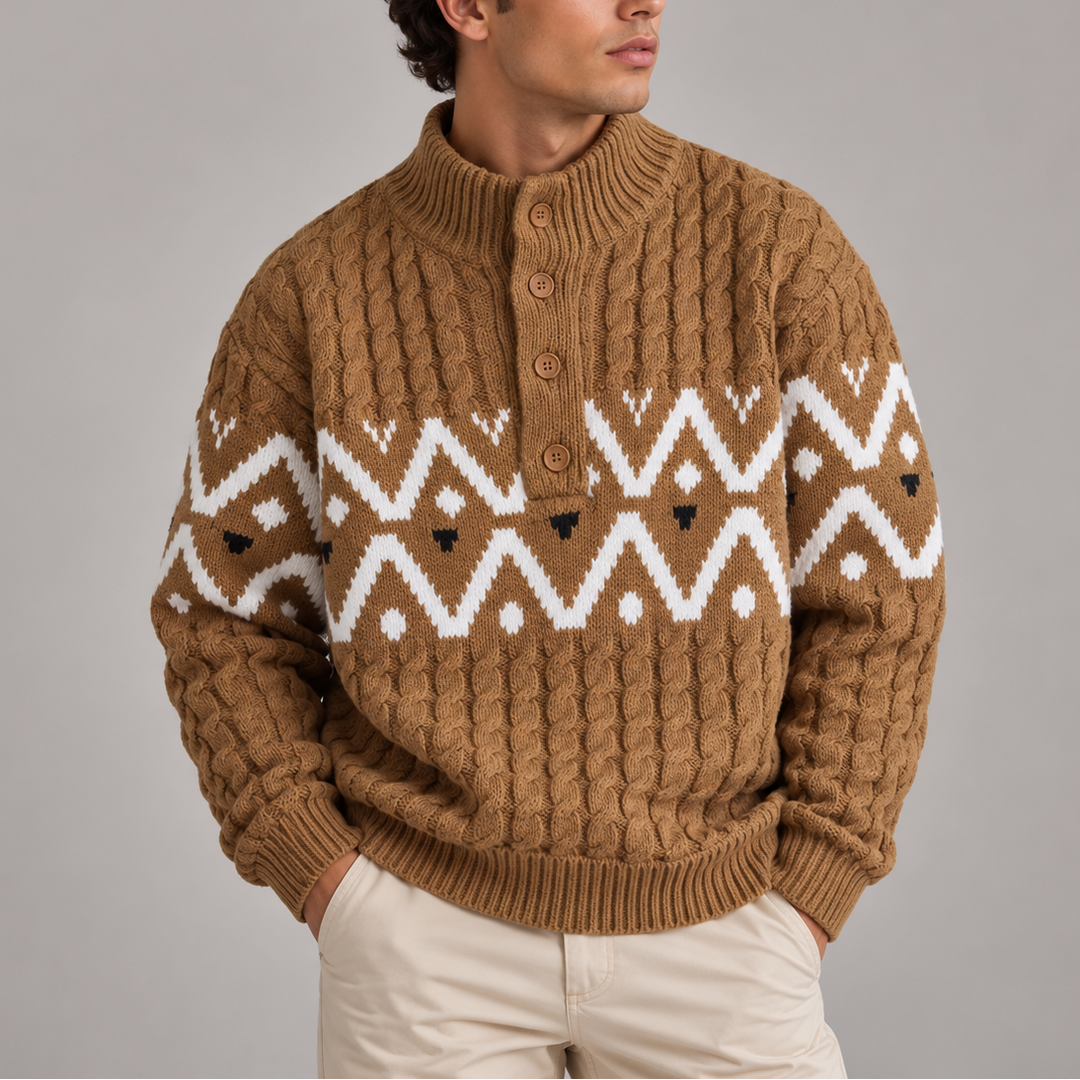 Men’s Cable Knit Half Button Sweater | Nordic Pattern Sweater