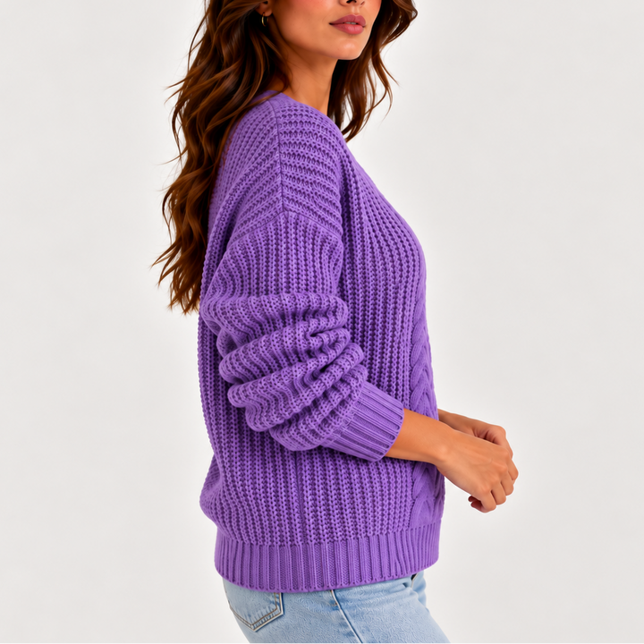 Women’s Cable Knit V-Neck Sweater – Long Sleeve Knitted Sweater
