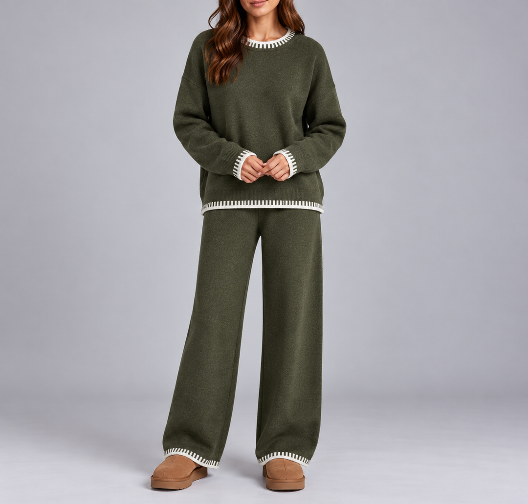 Women's Knitted Winter Lounge Set – Contrast Trim Sweater & Wide Leg Pants