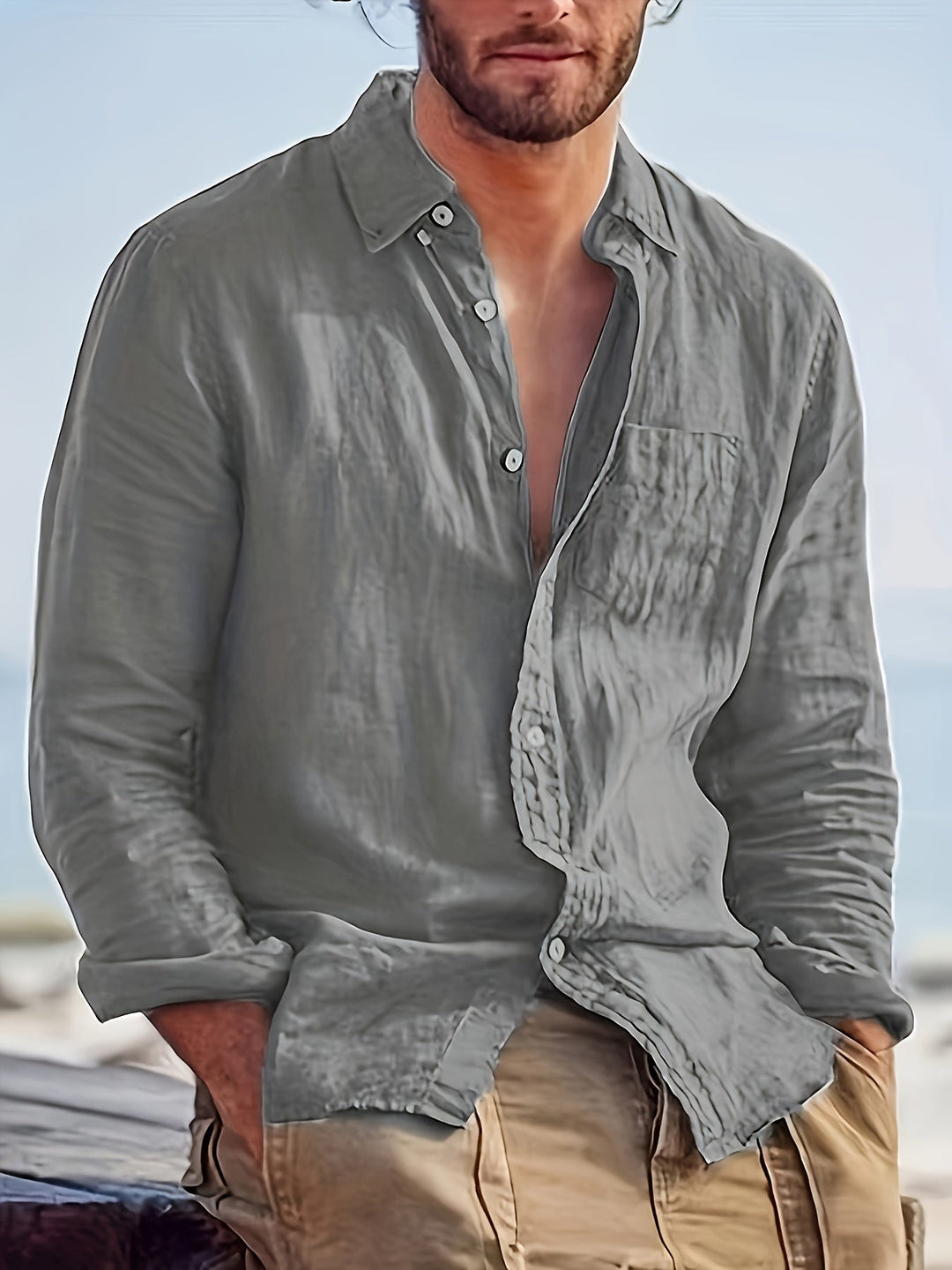 Men's Lapel Button Cotton Shirt