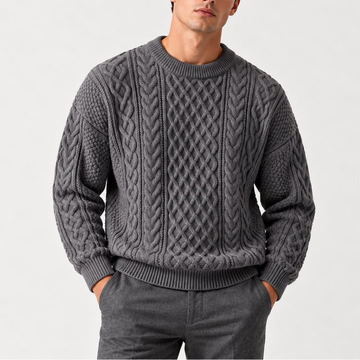 Men’s Gray Cable Knit Crew Neck Sweater – Warm Winter Sweater