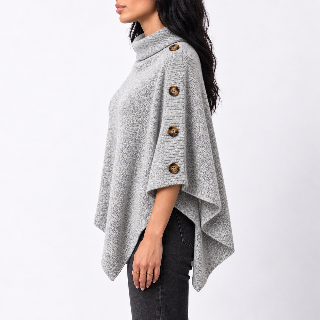 Women’s Knitted Turtleneck Poncho with Buttons and Asymmetric Hem
