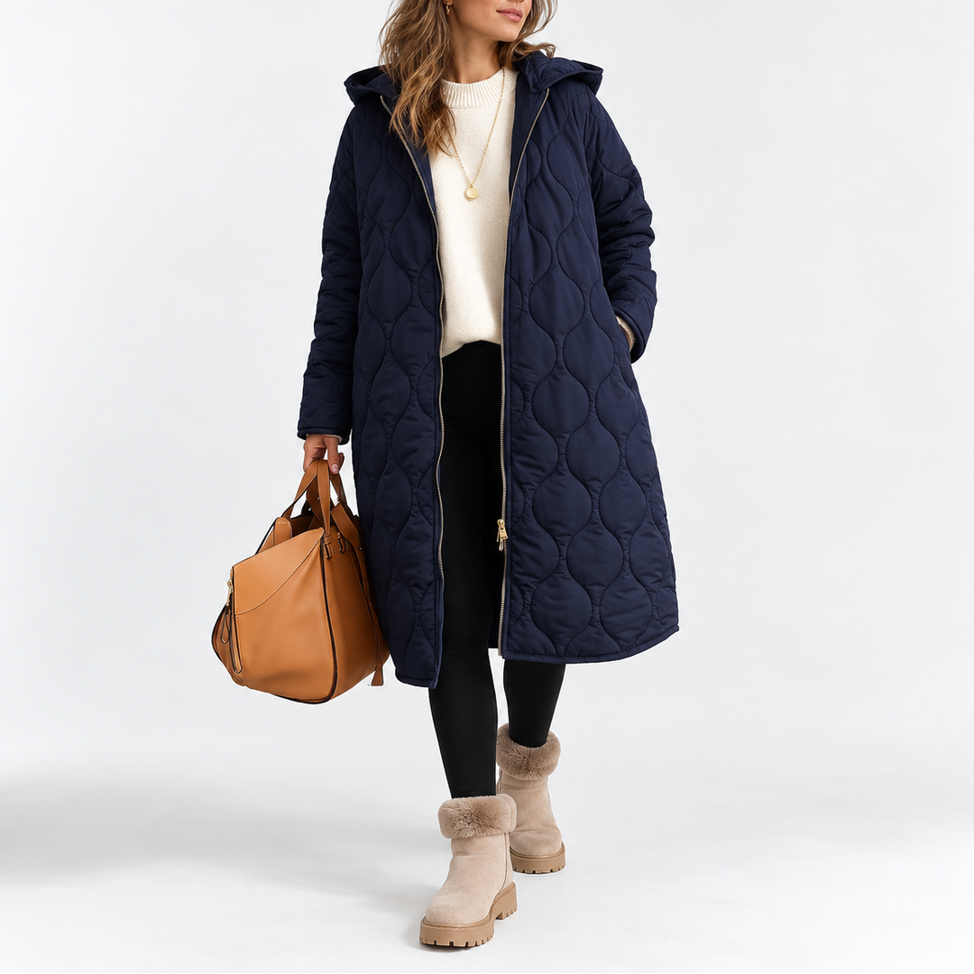 Women's Long Quilted Hooded Winter Coat with Pockets