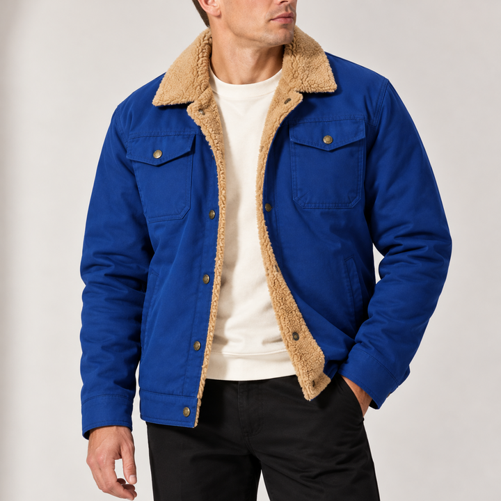Men’s Sherpa-Lined Trucker Jacket with Fleece Collar and Chest Pockets