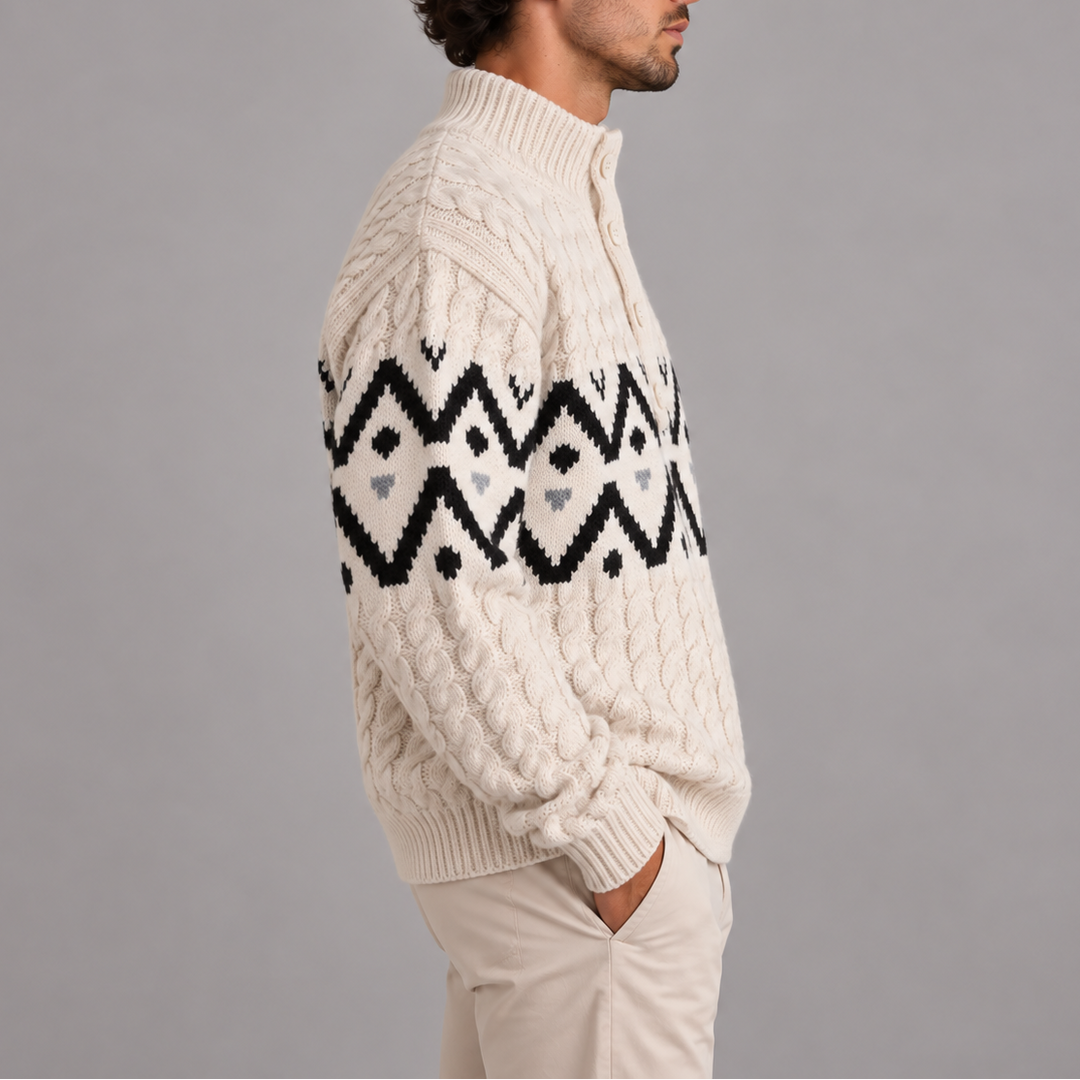 Men’s Cable Knit Half Button Sweater | Nordic Pattern Sweater