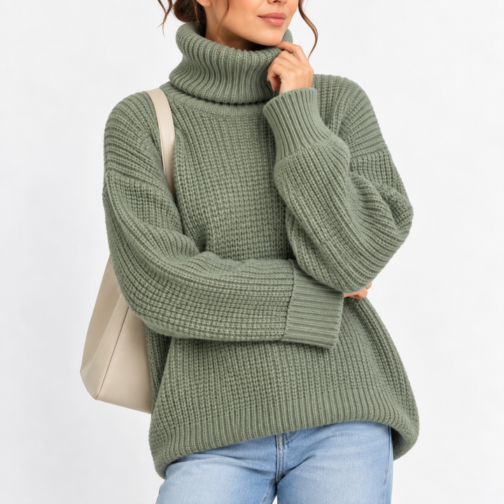 Women’s Oversized Turtleneck Sweater with Waffle Knit Texture