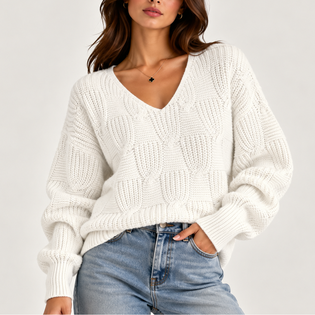 Women’s Oversized Cable Knit V-Neck Sweater – Textured Sweater