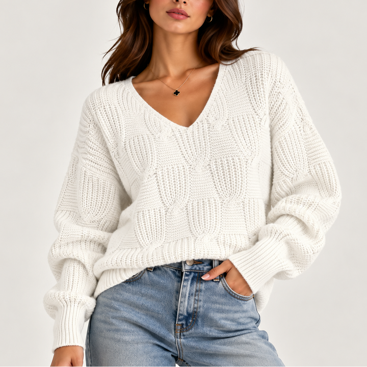 Women’s Oversized Cable Knit V-Neck Sweater – Textured Sweater