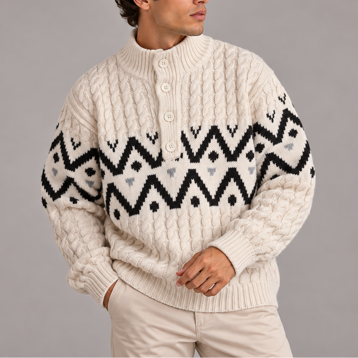Men’s Cable Knit Half Button Sweater | Nordic Pattern Sweater