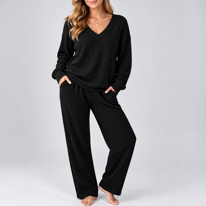 Women's V Neck Long Sleeve Ribbed Lounge Two Piece Set