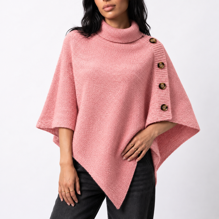 Women’s Knitted Turtleneck Poncho with Buttons and Asymmetric Hem