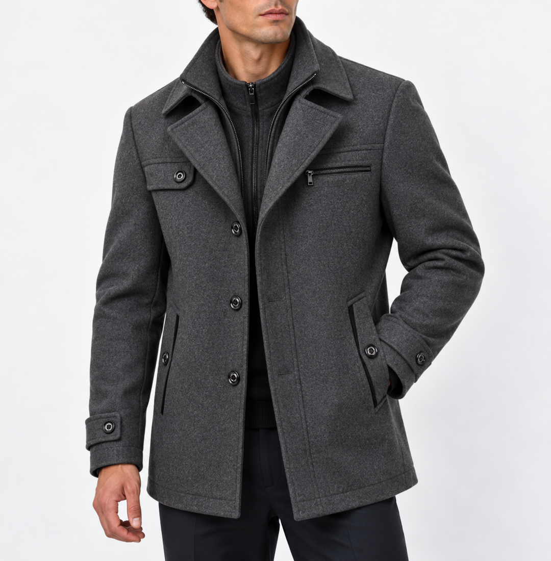 Men’s Wool Blend Coat with Zip Collar and Button Closure