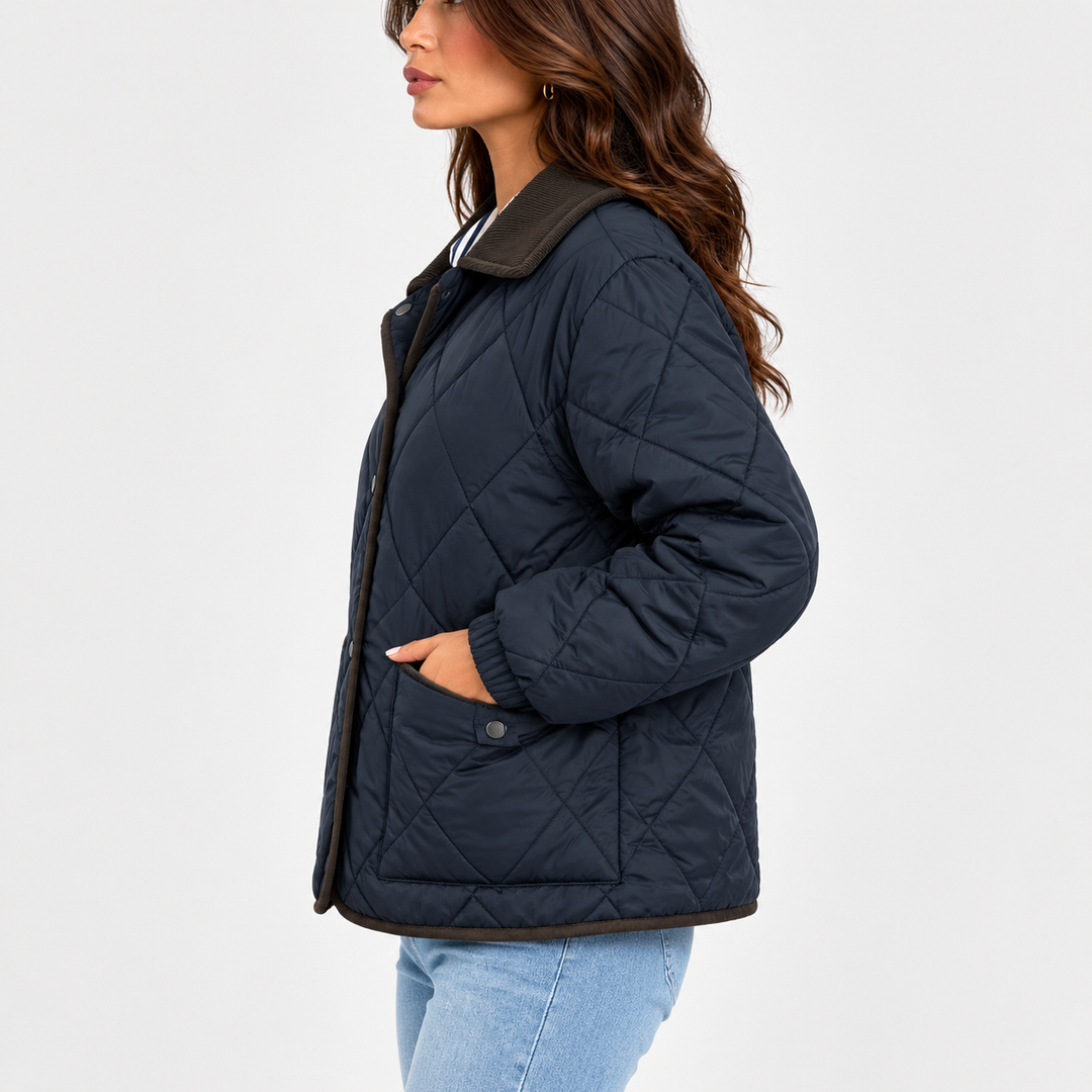 Women’s Quilted Puffer Jacket with Corduroy Collar – Long Sleeve Coat