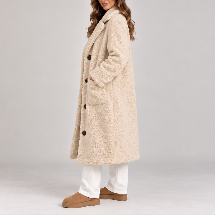 Women's Long Teddy Fleece Coat – Oversized Button Up Winter Jacket