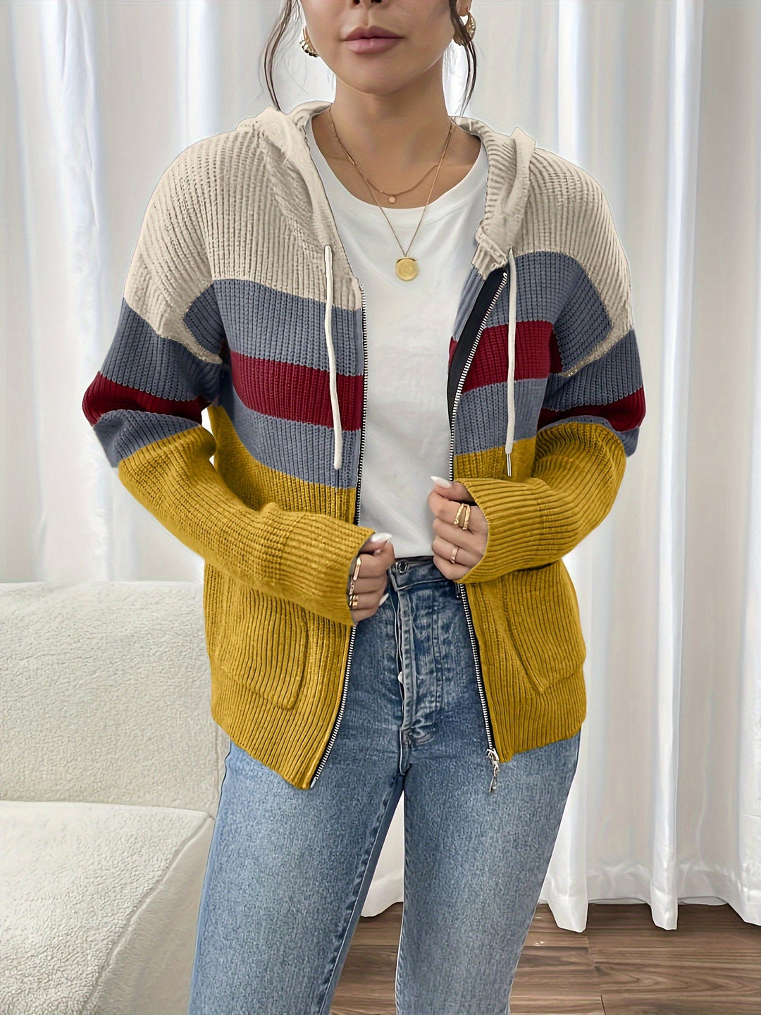 Susannah | Color-Block Hooded Zip Cardigan
