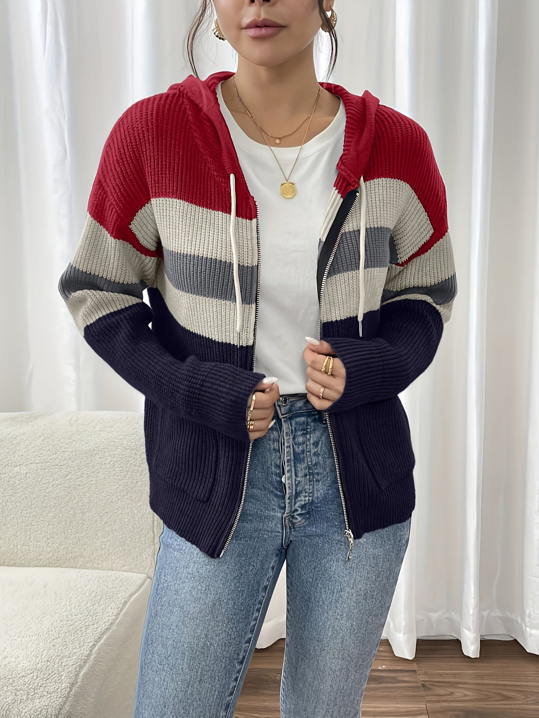 Susannah | Color-Block Hooded Zip Cardigan