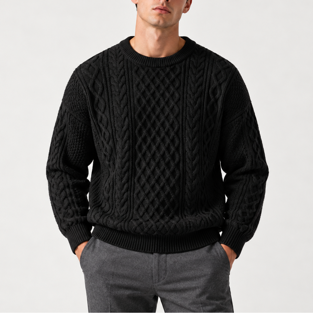 Men’s Gray Cable Knit Crew Neck Sweater – Warm Winter Sweater