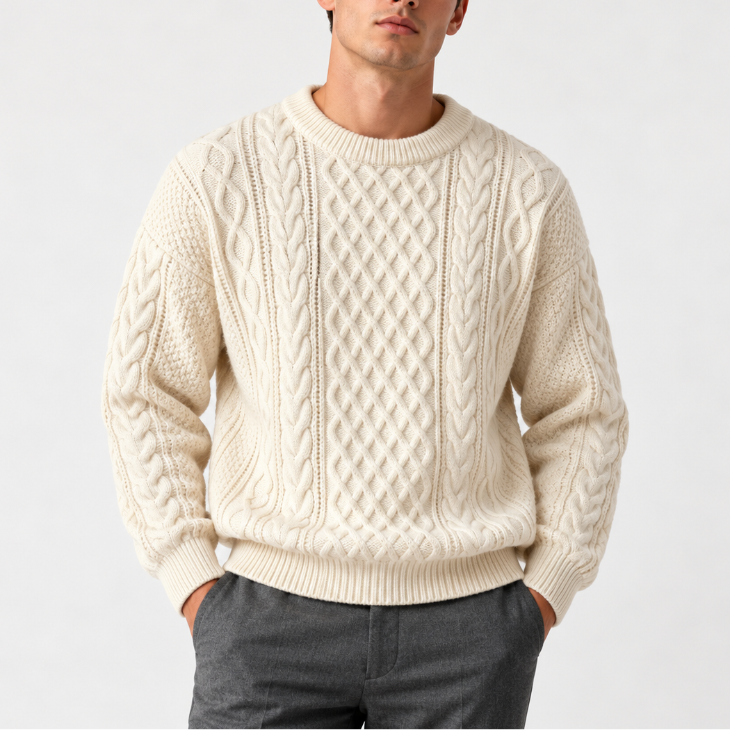 Men’s Gray Cable Knit Crew Neck Sweater – Warm Winter Sweater