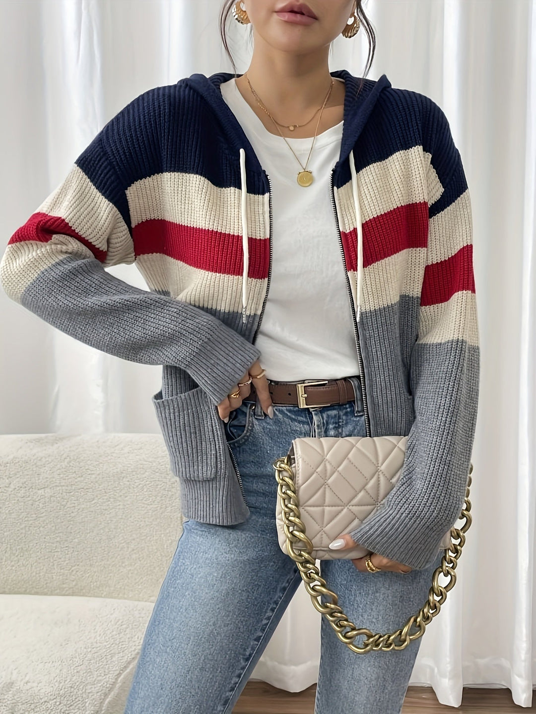 Susannah | Color-Block Hooded Zip Cardigan