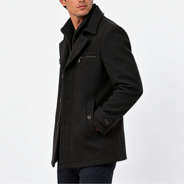 Men’s Wool Blend Coat with Zip Collar and Button Closure