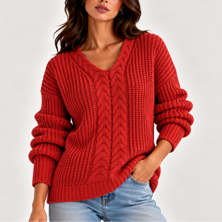 Women’s Cable Knit V-Neck Sweater – Long Sleeve Knitted Sweater