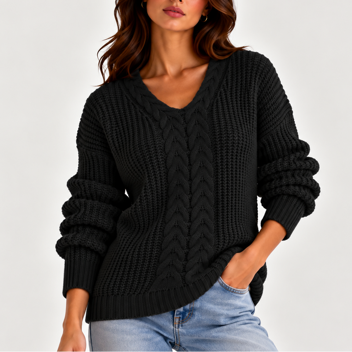 Women’s Cable Knit V-Neck Sweater – Long Sleeve Knitted Sweater