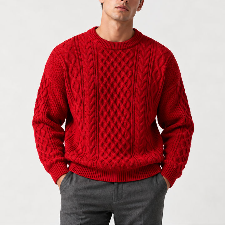 Men’s Gray Cable Knit Crew Neck Sweater – Warm Winter Sweater