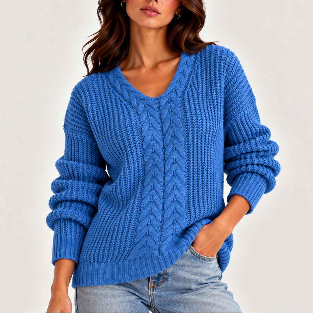 Women’s Cable Knit V-Neck Sweater – Long Sleeve Knitted Sweater