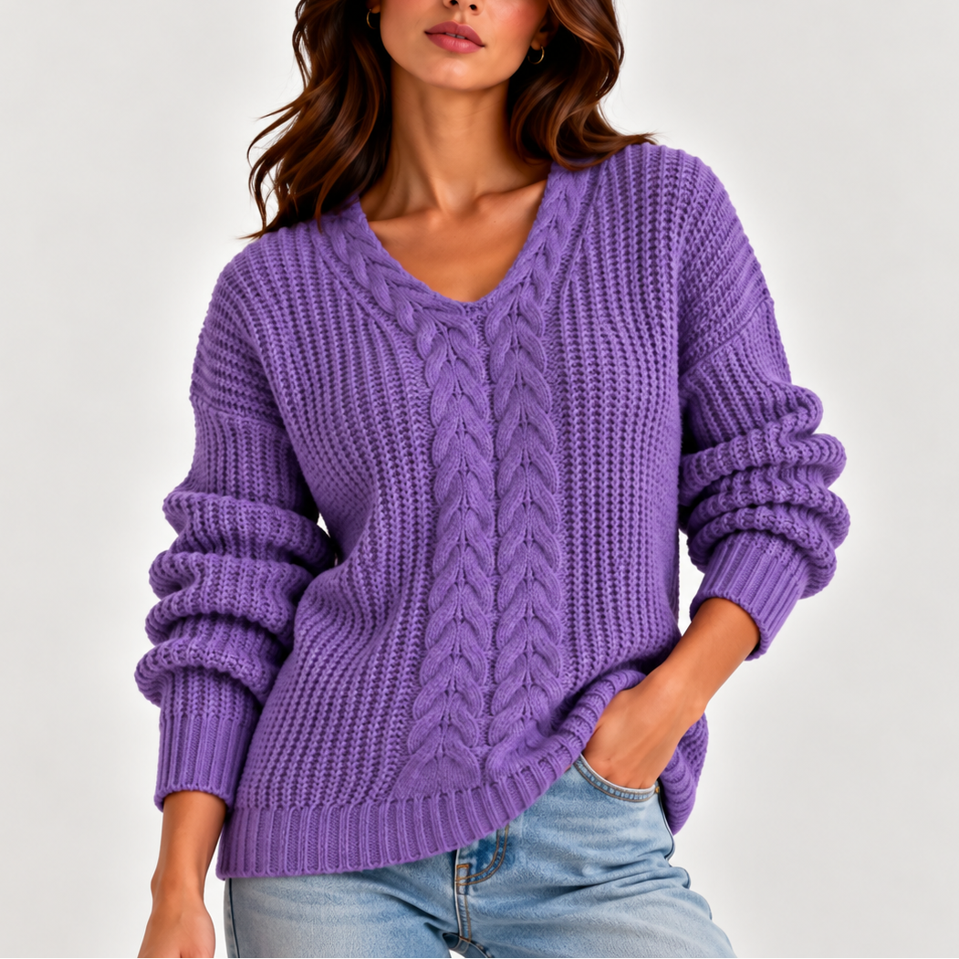 Women’s Cable Knit V-Neck Sweater – Long Sleeve Knitted Sweater
