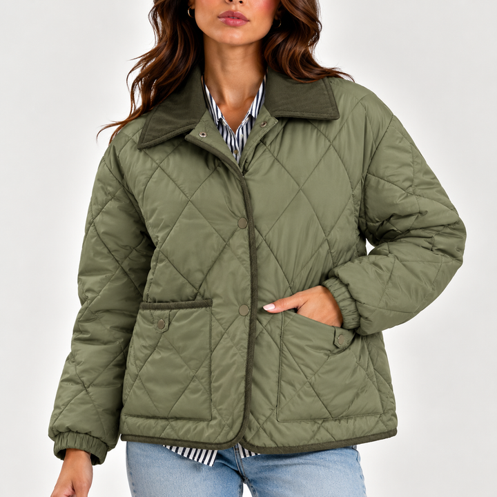 Women’s Quilted Puffer Jacket with Corduroy Collar – Long Sleeve Coat
