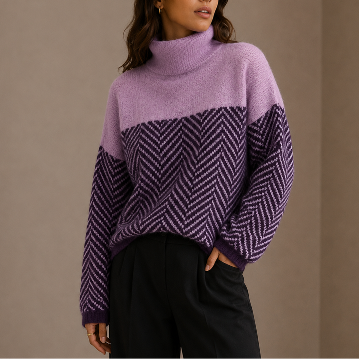 Women’s Herringbone Turtleneck Sweater – Oversized Winter Knit Sweater