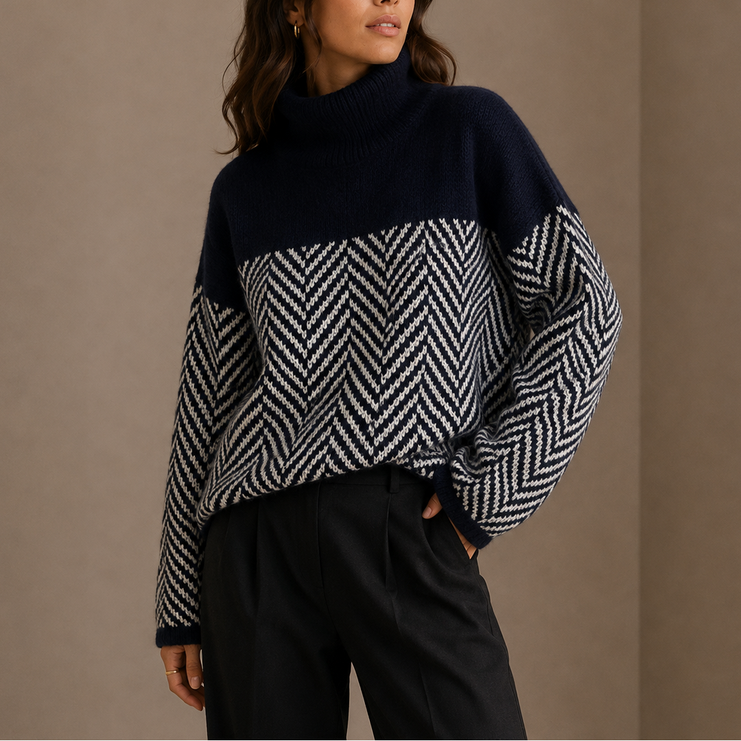 Women’s Herringbone Turtleneck Sweater – Oversized Winter Knit Sweater