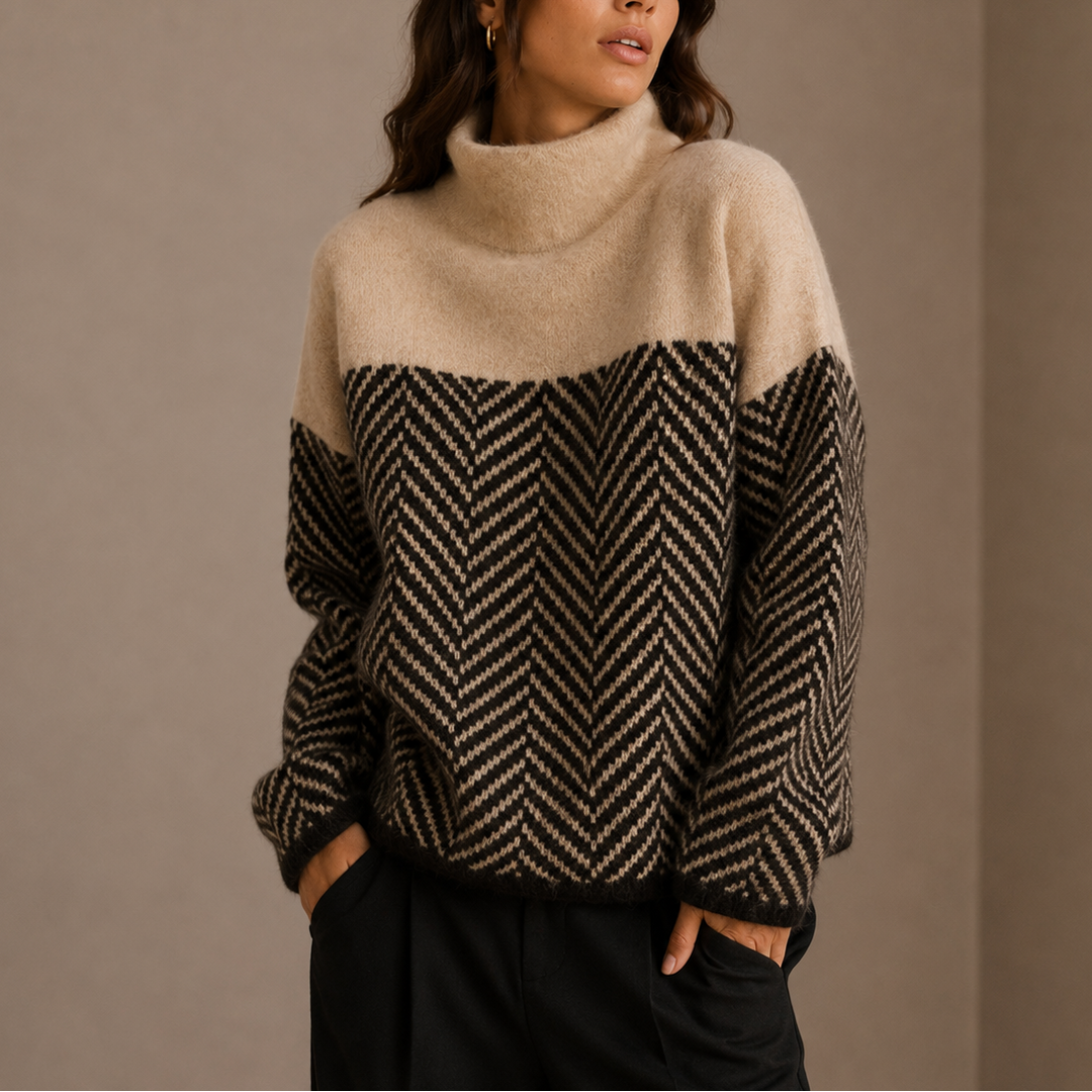 Women’s Herringbone Turtleneck Sweater – Oversized Winter Knit Sweater