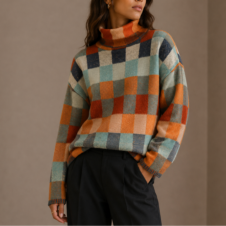 Women’s Checkered Turtleneck Sweater – Oversized Winter Knit Sweater
