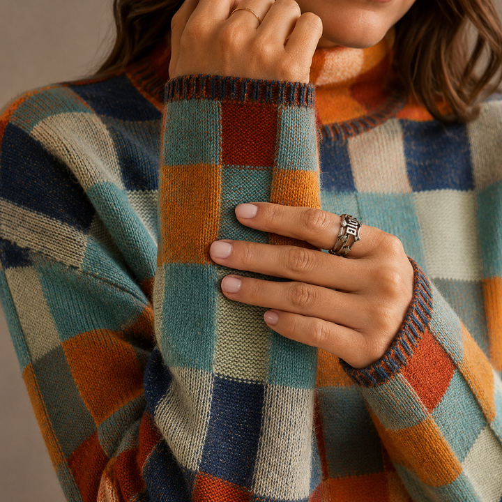 Women’s Checkered Turtleneck Sweater – Oversized Winter Knit Sweater