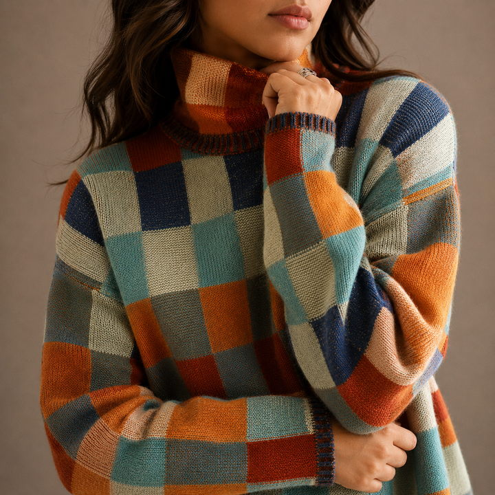 Women’s Checkered Turtleneck Sweater – Oversized Winter Knit Sweater
