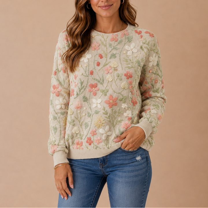 Women’s Floral Knit Sweater – Embroidered Flower Sweater
