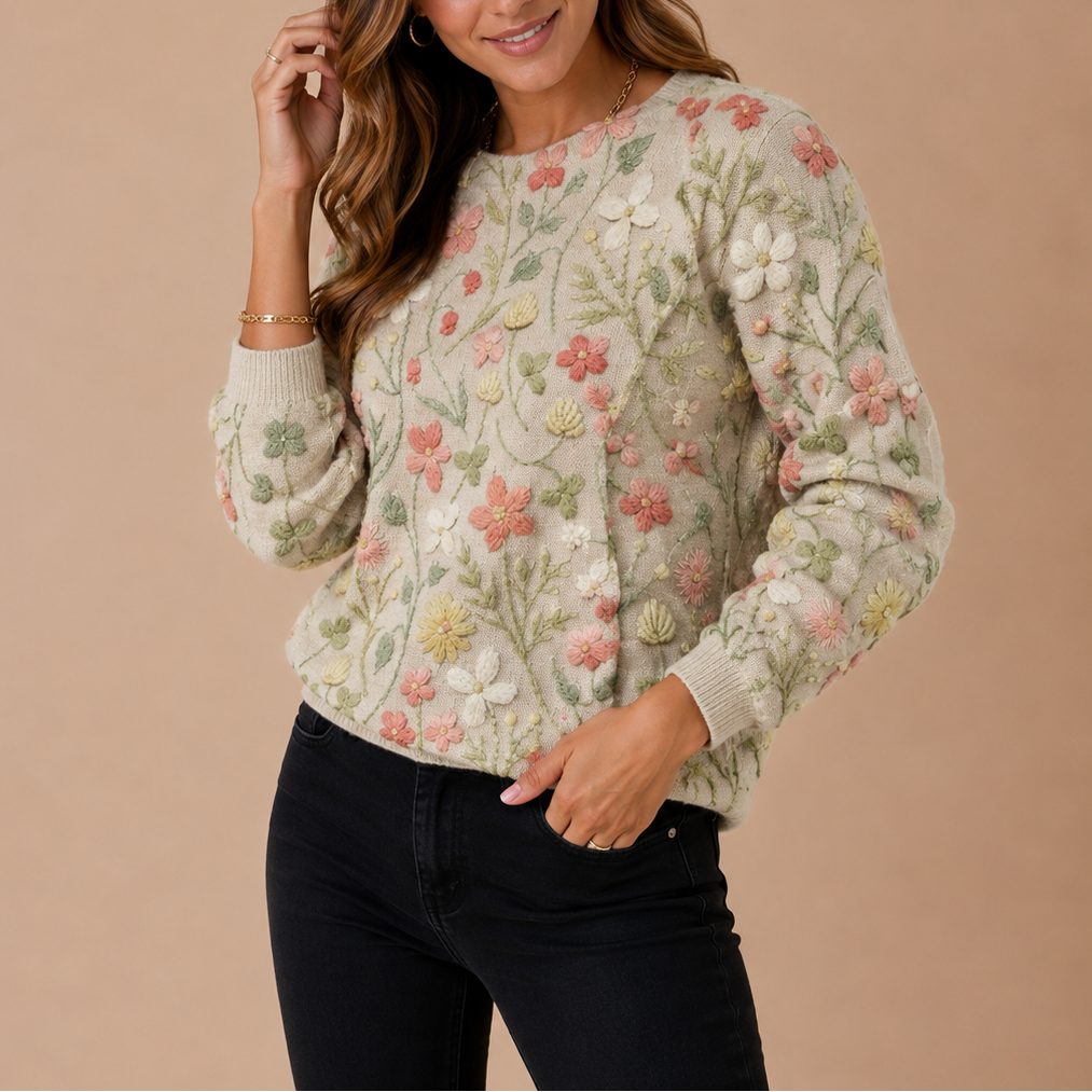 Women’s Floral Knit Sweater – Embroidered Flower Sweater