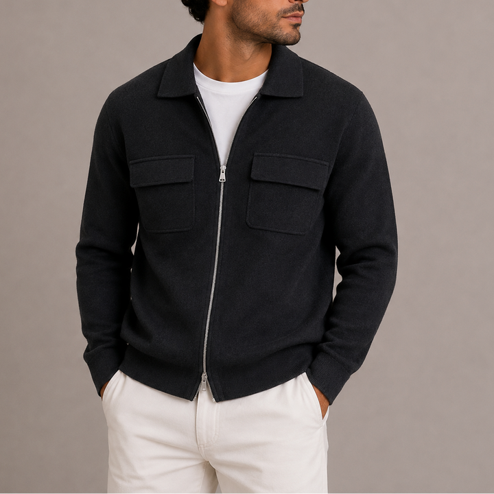 Men’s Zip-Up Knit Jacket – Collared Cardigan with Chest Pockets
