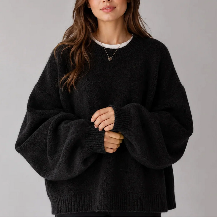 Women’s Oversized Knit Sweater – Crew Neck Sweater with Balloon Sleeves