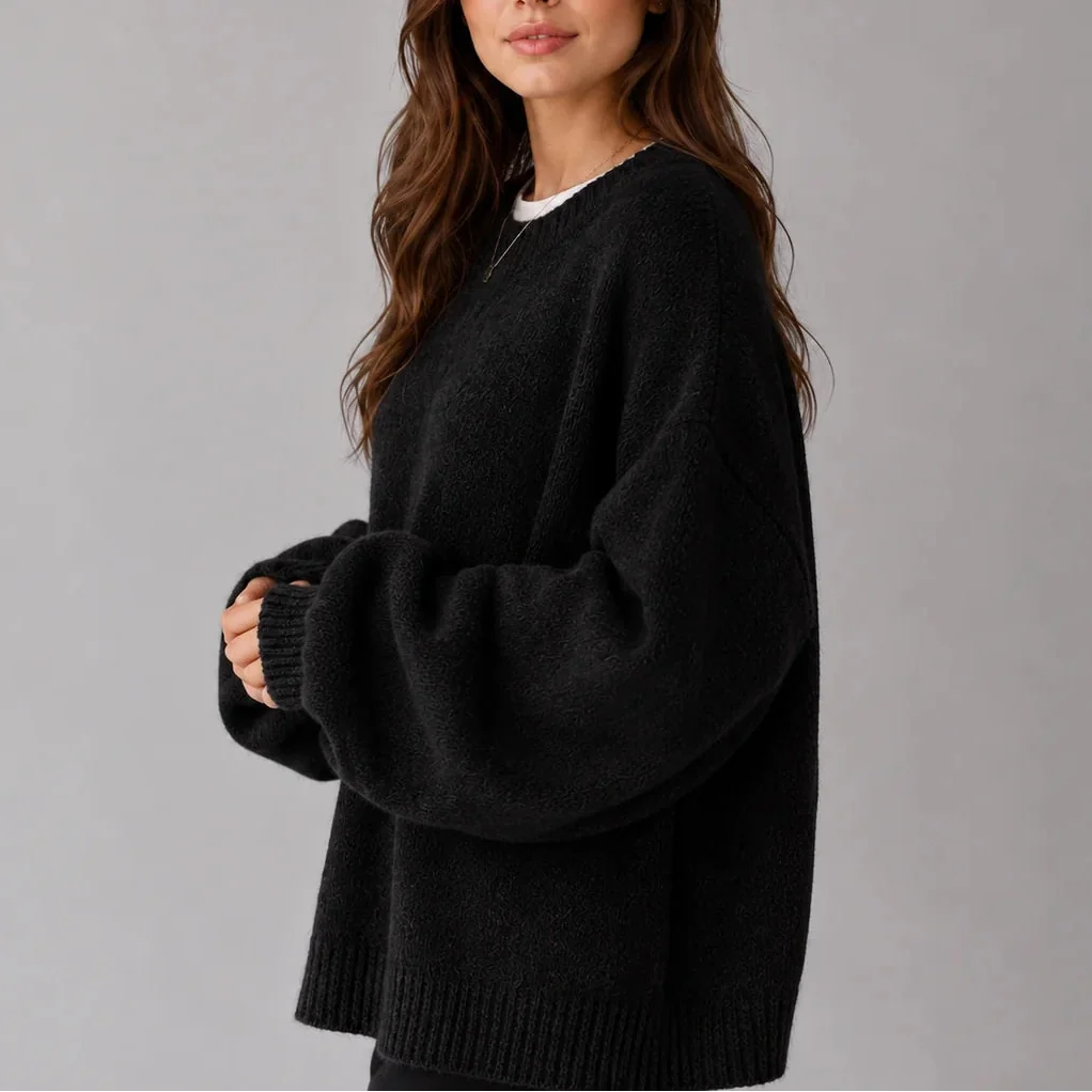 Women’s Oversized Knit Sweater – Crew Neck Sweater with Balloon Sleeves