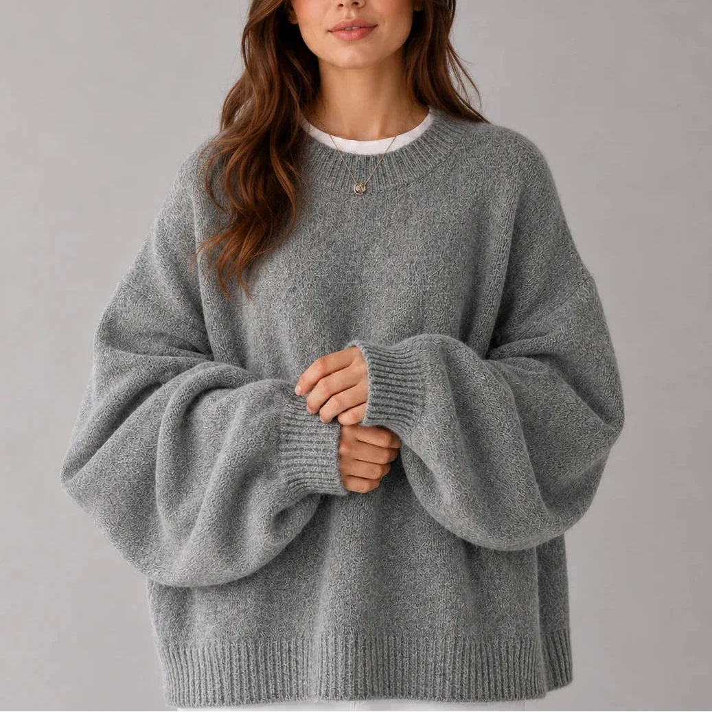 Women’s Oversized Knit Sweater – Crew Neck Sweater with Balloon Sleeves