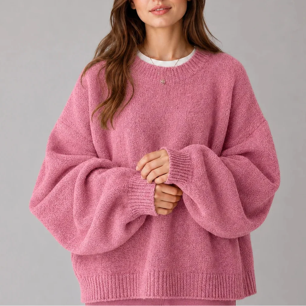 Women’s Oversized Knit Sweater – Crew Neck Sweater with Balloon Sleeves