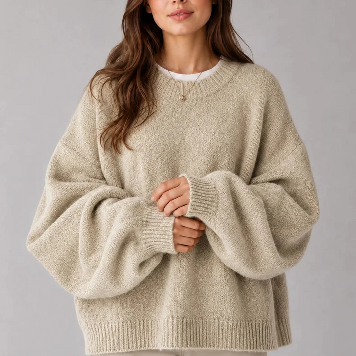 Women’s Oversized Knit Sweater – Crew Neck Sweater with Balloon Sleeves