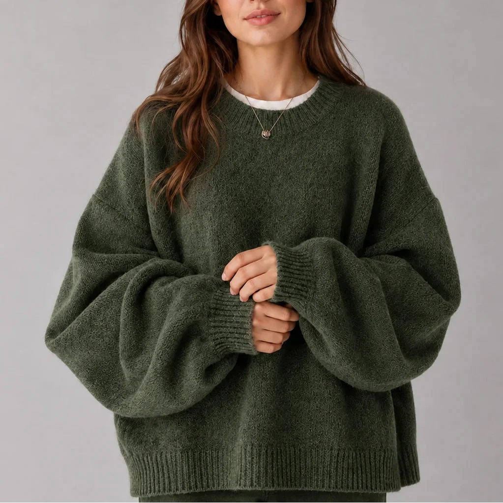 Women’s Oversized Knit Sweater – Crew Neck Sweater with Balloon Sleeves