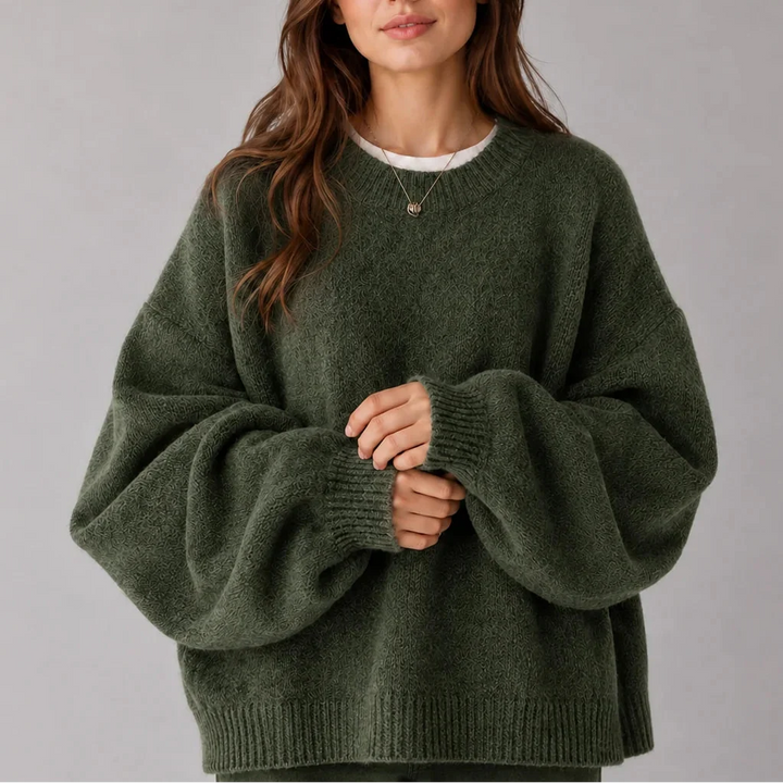 Women’s Oversized Knit Sweater – Crew Neck Sweater with Balloon Sleeves