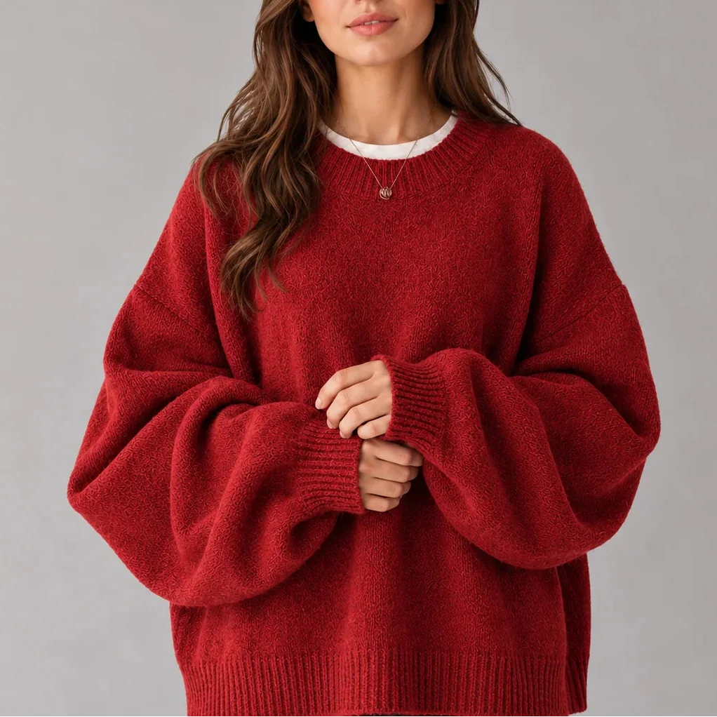 Women’s Oversized Knit Sweater – Crew Neck Sweater with Balloon Sleeves
