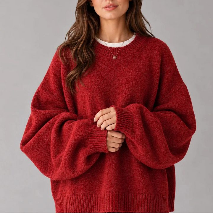 Women’s Oversized Knit Sweater – Crew Neck Sweater with Balloon Sleeves