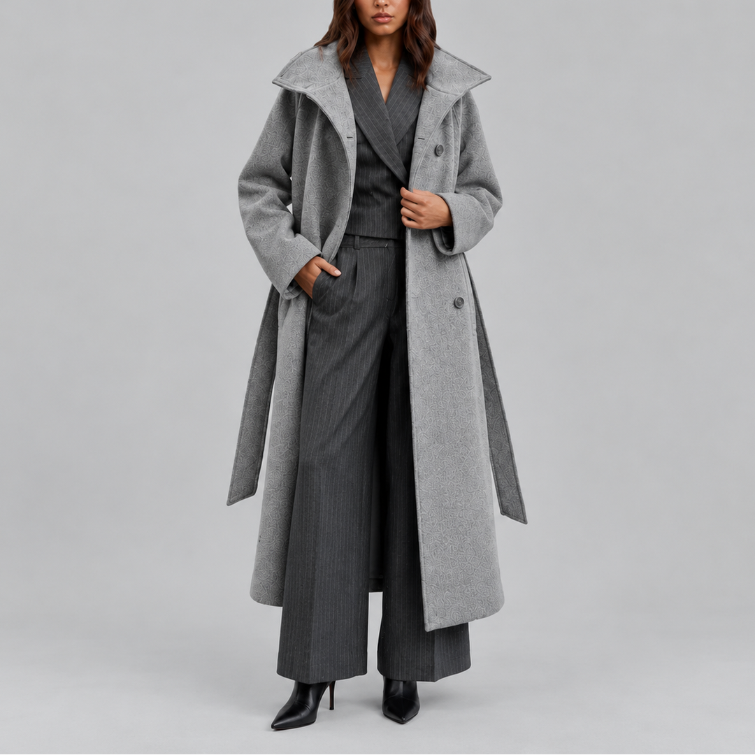 Women's Long Coat | Belted Winter Wrap Coat with Wide Collar