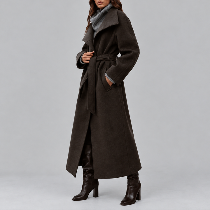 Women's Long Coat | Belted Winter Wrap Coat with Wide Collar